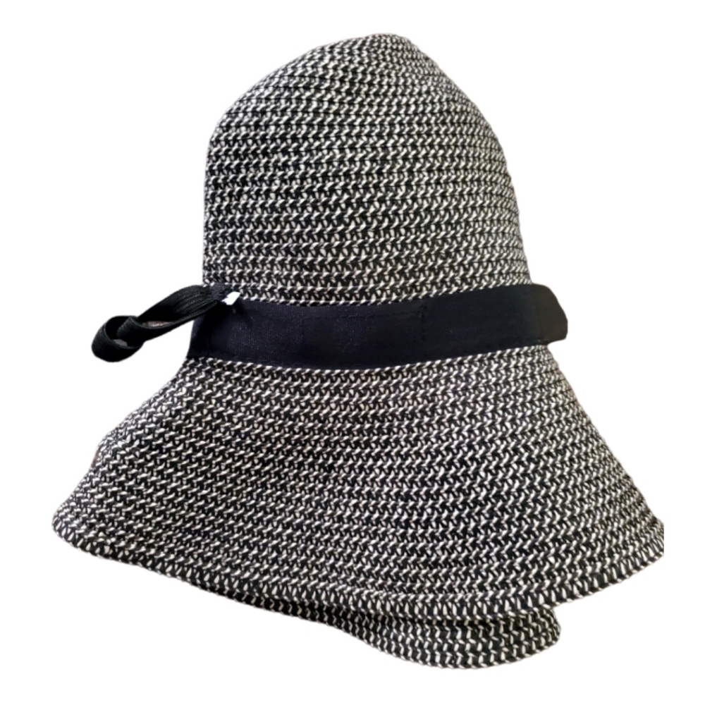 Floppy Black white Assymeyrical Tweed Herringbone Foldable Beach Hat NWOT